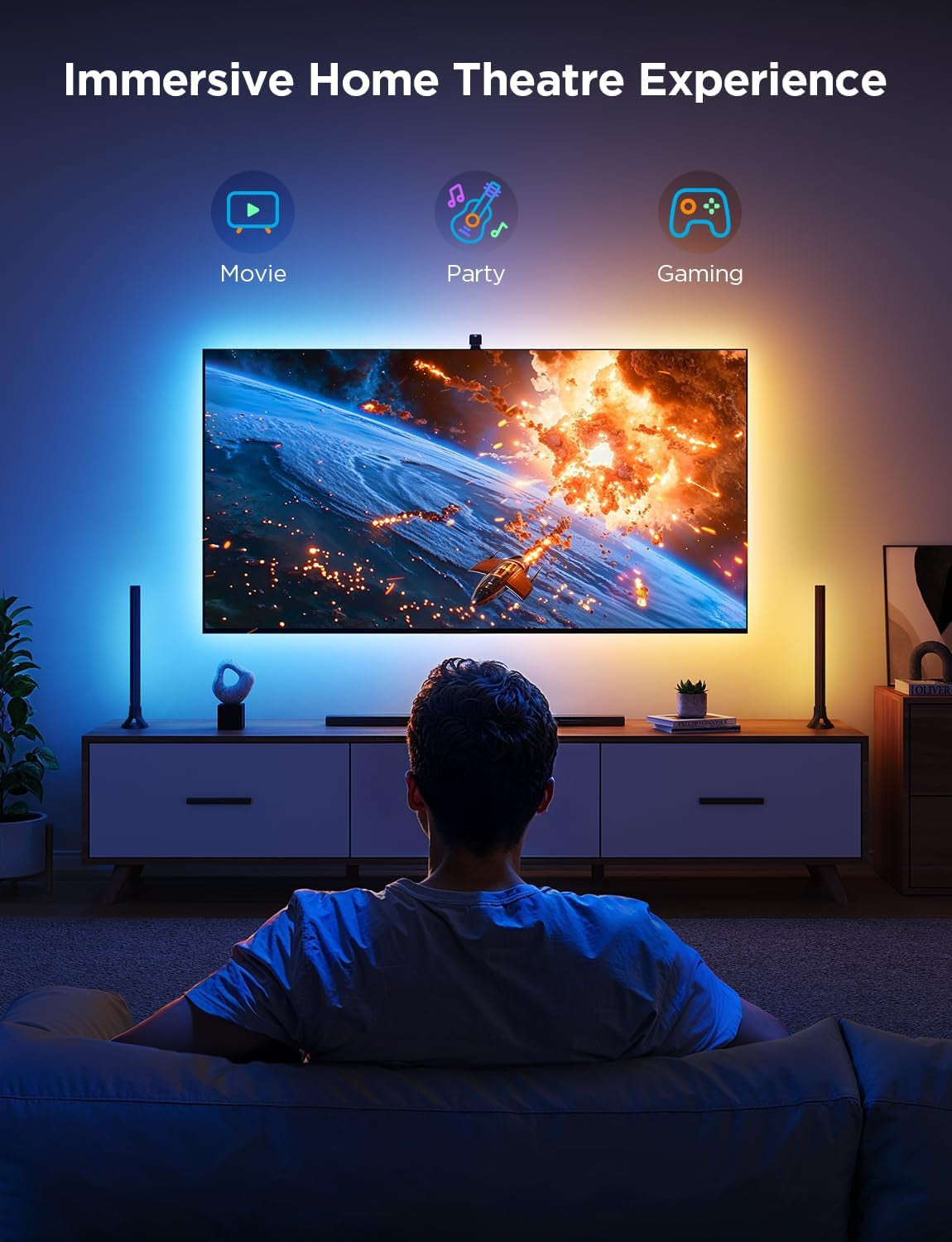 TV Backlight 3 Lite Kit, 11.8Ft RGBICW Wi-Fi TV LED Strip Lights for 55-65In Tvs with Camera and 15 Inches Smart Light Bars with 4-In-1 Light Beads - Works with Alexa & Google Home