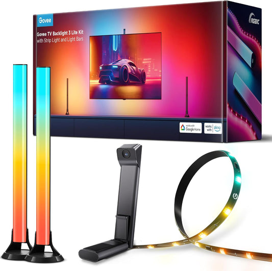 TV Backlight 3 Lite Kit, 11.8Ft RGBICW Wi-Fi TV LED Strip Lights for 55-65In Tvs with Camera and 15 Inches Smart Light Bars with 4-In-1 Light Beads - Works with Alexa & Google Home